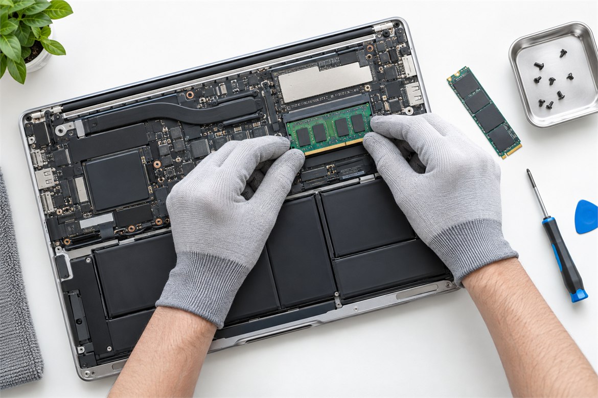Técnico instalando memoria RAM en un portátil